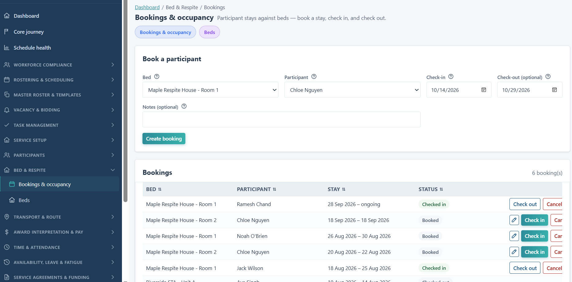 Axi-WFM bookings and occupancy page with a participant booking form and bookings list