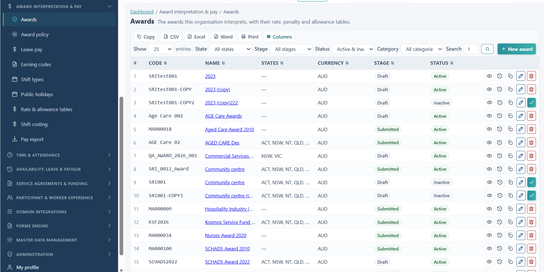 Axi-WFM awards page showing award records, filters and status